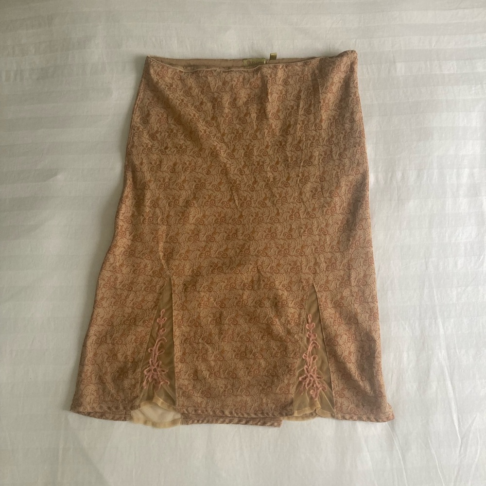 Kit Cornell by April Cornell Peach Biege Brocade Silk Skirt w/ embroidery 6